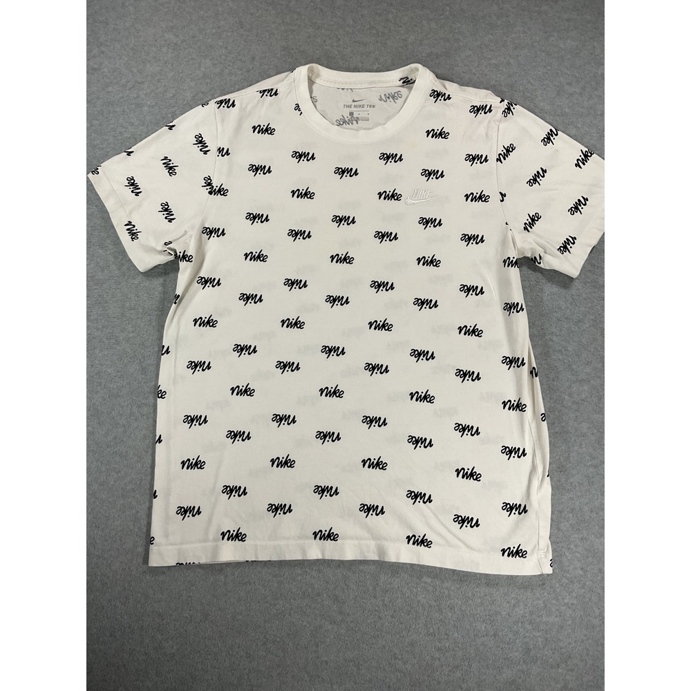 Nike Mens White All Over Script Logo Print Cotton T-Shirt Large AR4993-101 2906